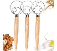 3PCS Danish Dough Whisks, Kalolary Premium Mixing Whisk Tools for Kitchen Baking Wooden Handle Stainless Steel Manual Dough Mixer Bread Cake Making(3 Size Included)