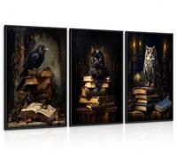 3Pcs Dark Academia Wall Art,Gothic Raven Cat Owl Unframed Posters,12x16in