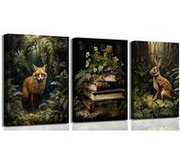 3Pcs Dark Forest Animal Canvas Wall Art Vintage Fox Rabbit Books Painting Picture Wall Decor Victorian Gothic Botanical Flower Poster Print Artwork for Living Room Bedroom Home Decoration