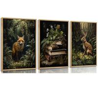 3Pcs Dark Forest Animal Wall Art Vintage Fox Rabbit Books Painting Picture Wall Decor Victorian Gothic Botanical Flower Poster Print Artwork for Living Room Bedroom Home Decoration Unframed