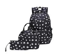 3Pcs Dog Paw Printed Backpack Set With Lunch-Bag For Girls Elementary Students Bookbag School-bag, Black, Dog Paw print, Cute Girls Shoulder Backpack