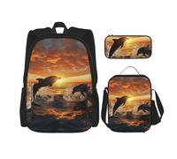 3PCS Dolphins jumping out of the water at sunset Backpack Sets with Insulated Lunch Bag Pencil Case, 17inch Lightweight Laptop Backpack Shoulder Lunch Box and Pencil Bag for Women Men Travel Bags