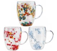 3PCS Double Glass Flower Tea Cup, 350ml/12oz Heat Resisting Pretty Tea Cup with Handle, Fancy Flower Coffee Mug for Women Friends Present