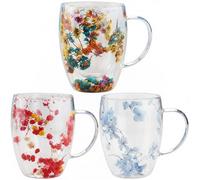 3PCS Double Glass Flower Tea Cup, 350ml/12oz Heat Resisting Pretty Tea Cup with Handle, Fancy Flower Coffee Mug for Women Friends Present