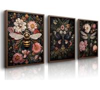 3Pcs Dragonfly and Bee Floral Wall Art Gothic Dark Insect and Plant Wall Decor Vintage Dark Preppy Posters Canvas Prints Painting Picture for Bathroom Bedroom Unframed 12x18inch