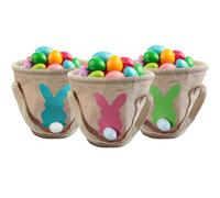 3Pcs Easter Bunny Basket for Kids - Burlap Carrying with Two Handles Gift and Eggs Hunt Bag, Fluffy Tails Printed Rabbit Toys Bucket Tote Basket Bags for Girls & Boys (Green, Blue, Pink)