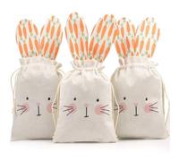 3Pcs Easter Decorations Drawstring Gift Bags Bunny Face Burlap Pouches With Ears for Candy Party Supplies Birthday Decoration Egg Hunt Surprises Basket Stuffers Small Holiday Gifts for Families Friend