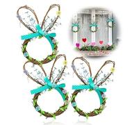 3Pcs Easter Wreaths for Front Door, 24cm Hand Made Easter DIY Craft Rabbit Shaped with Decorative Pastel Flowers and Bow Hanging Indoor Outdoor Decor Bunny Small Wreath