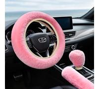 3Pcs Elastic Steering Wheel Protector Set,Steering Wheel Cover,Handbrake Cover,Gear Shift Cover,Fluffy Soft Anti-Slip Steering Wheel Covers,Universal 38cm Pink Cute Car Accessories for Women Girls