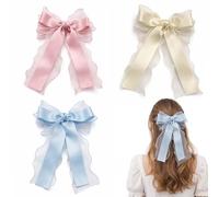 3Pcs Elegant Layered Ribbon Hair Bows with Sheer Tulle Edges - Long French Bow Clips, Secure Metal Barrette for Daily Styling, Photoshoots, Weddings & Parties