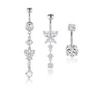 3pcs Elegant Silver Stainless Steel Zircon Belly Button Studs - Fashionable Studs Are Heart Shape Butterfly Pendant Sterling Silver Zircon Stainless Steel Belly Button Piercing Dangling Jewelry