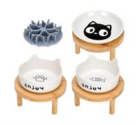 3PCS Elevated Cat Bowls with Silicone Slow Food Dispenser,Wide Raised Ceramic Cat Dishes with Bamboo Stand, Whisker Friendly Pet Water or Food Plates Feeding Station for Indoor Cats, Kitten