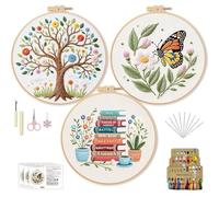 3PCS Embroidery Kit, Cross Stitch Kits for Adults, Including Hoop, Pre-Printed Fabrics, Threads, 9 Needles & Scissors, Easy Instructions, DIY Hand Embroidery Craft Set with Tree, Butterfly, Book