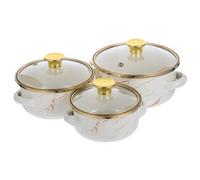 3pcs Enamel Stew Cooking Pot Set with Handles and Glass Lids for Soup | Glossy White Enamelware, Odour Resistant Finish, Stove to Table Serving, Classic Floral Style, Home Meal Preparation