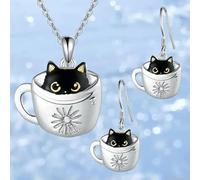 3pcs Exquisite Cute Little Black Cat In Cup Earrings Necklace Set