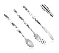3pcs Extendable Fork Knife Spoon Set, Stainless Steel Long Telescoping Flatware, Funny Extended Fork Joke Prank, Extending Retractable Knife, Telescopic Extension Kitchen Gadget Utensil for Dessert