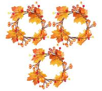 3PCS Fall Candle Rings, 5inch Halloween Taper Candle Rings with Orange Berries Maple Leaves Pumpkin, Small Artificial Autumn Wreath Table Centerpiece Decor for Festival Napkin Vase Party Wedding