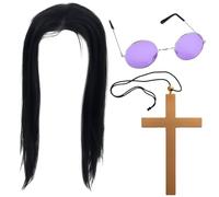 3Pcs Fancy Dress Accessory Set, Black Wig with Purple Glasses and Cross Necklace, 70s 80s Rock Star Costume for Adults, Music Theme Party and Halloween Outfit
