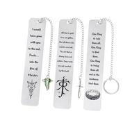 3Pcs Fantasy Metal Bookmarks Set, Elvish Leaf Pendant with Sword Charm, Evenstar Engraving, Epic Quotes Carved, Dark Academia Book Accessories, Gifts for Readers (The Three Rings)