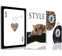 3Pcs Fashion Leopard Canvas Wall Art,black Cheetah Lucky 8-Ball Funky Ace Card Trendy Y2K Prints Poster Preppy Aesthetic Room Wall Decor for Bedroom Living Room or Apartment Unframed 12x16inch