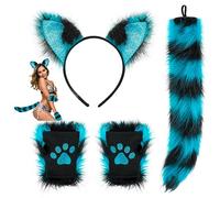 3Pcs Faux Fur Fox Cat Wolf Ears Headband Tail Gloves Set Fluffy Animal Ears Hairband Long Tail Paw Gloves Dress Up Fox Cat Halloween Carnival Cosplay Party Costume Fancy Dress Accessory For Women Girl
