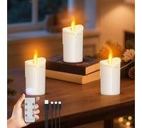 3Pcs Flameless Candles, LED Candles with Remote Control and Timer, Plastic Mini Candle with Flickering Warm Light, Rechargeable Candles with Magic Wand, for Christmas, Weddings, Home Decoration