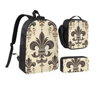 3PCS Fleur-de-Lis and Coat Arms Knight Backpack Set with Insulated Lunch Box Pencil Pouch, 17inch Lightweight Laptop Bags Shoulder Lunch Bag and Pencil Case Bag 3-in-1 Set
