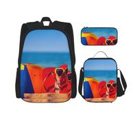 3pcs Flip-Flops On A Sandy Beach Print School Backpack Set,Large Capacity Water Resistant Laptop Backpack With Insulated Lunch Bag & Pencil Case For Middle School Teens Back To School Supplies
