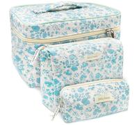 3pcs Floral Makeup Bag, Large Travel Quilted Makeup Bag for Women Girls, Cotton Floral Toiletry Makeup Organizer (Blue Flower)