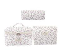 3Pcs Floral Makeup Bag Set, Floral Makeup Pouch S/M/L Size Cotton Soft Portable Quilted Makeup Bag with Zipper and Handle, Floral Cosmetic Bag for Travel Storage Organizer Bag, Style 1