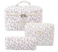 3Pcs Floral Makeup Bag Set, S/M/L Size Cotton Soft Portable Quilted Makeup Bag with Zipper and Handle, Floral Cosmetic for Travel Storage Organizer, Style 1, Outdoor Ornaments