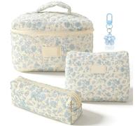 3PCS Floral Makeup Bag Set with Keyring for Women, Quilted Cotton Cosmetic Organiser Pouch with Keychain, Aesthetic Toiletry Travel Bag, Large Capacity Wash Bag for Girls (Blue Floral)