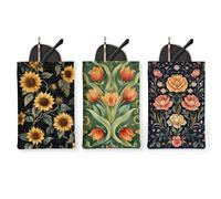 3Pcs Floral Sunflower & Tulips Glasses Pouch, Vintage Green Spring Sunglasses Bag, Portable Storage Travel Squeeze Top, Green, 7x4.7 Inch, Glasses Pouch