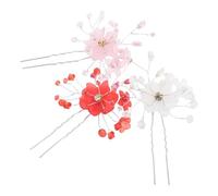 3pcs Floral U Shaped Bridal Hairpin for Wedding Vintage Metal Resin | Pearl Flower Design, Secure Hold for Elegant Updos, White Pink Red Set of Three