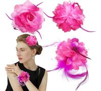 3PCS Flower Feather Fascinators, 3 in 1 Rose Hair Clip Flower Brooch Pin Headdress Feather Mesh Hair Accessories Faux Flowers Hair Clips Retro Flower Ribbons Feathers Headband for Wedding Prom