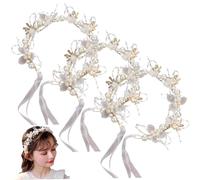 3PCS Flower Girl Crown for Kids White Plastic Pearl and Flower Girl Headpiece with Ribbon for Hair Accessory Wedding Party Birthday Gift