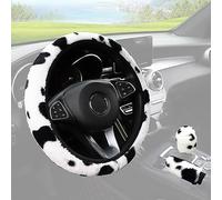 3Pcs Fluffy Cow Print Steering Wheel Covers Winter Warm Furry Plush Steering Wheel Covers with Fluffy Gear Shift Cover Handbrake Cover Universal Automotive Steering Wheel Protector Warmer Fit 37-38cm