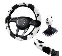 3PCs Fluffy Plush Steering Wheel Covers,Cow Print Furry Plush Steering Wheel Cover,Soft Car Wheels Protector with Handbrake Covers Gear Shift Cover,Universal Auto steerings Protective Accessories 38cm