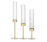 3PCS Fluted Candle Holder,Gold Candlestick Holders,Hurricane Glass Candle Holder,Metal Tall Windproof Candle Sticks Holder Set for Table Fireplace Living Room Decor,Wedding, Home Decoration, Outdoor
