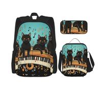 3PCS Four black cats lying on the piano keyboard Backpack Sets with Insulated Lunch Bag Pencil Case, 17inch Lightweight Laptop Backpack Shoulder Lunch Box and Pencil Bag for Women Men Travel Bags