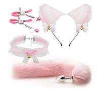 3Pcs Fox Anal Plug Tail Set Animal Ear Animal Tail Suit Headband Accessories ，Butt Plug Ears Necklace for Women Man Beginners Pink Style Two One Size