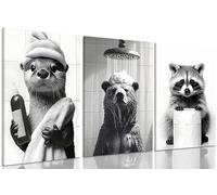 3Pcs Framed Black and White Animal Bathroom Wall Art Humor Bear Bathing Posters Prints Interesting Bathrobe Water Otter Picture Painting Cute Raccoon Wall Decor for Bathroom Washroom laundry room