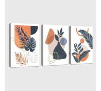 3Pcs Framed Boho Canvas Wall Art, Mid Century Blue Orange Geometric Abstract Plant Leaves Wall Art Modern Home Decor Poster Canvas Painting Wall Decor for Bedroom Living Room Ready to Hang 30x40cmx3