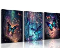 3Pcs Framed Butterfly canvas Wall Art Fantasy forest butterfly wall decoration picture Butterflies poster print Painting Modern Artwork for Home Bathroom Bedroom Living Room Decoration Ready to