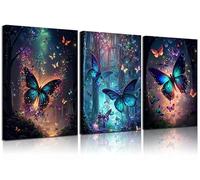 3Pcs Framed Butterfly canvas Wall Art Fantasy forest butterfly wall decoration picture Butterflies poster print Painting Modern Artwork for Home Bathroom Bedroom Living Room Decoration Ready to