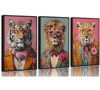 3Pcs Framed Funky Animals Canvas Wall Art Maximalist Wall Decor Pictures Trendy Tiger Lion Leopard Posters Prints Eclectic Preppy y2k Aesthetic Room Decor for Apartment Dorm Decoration 16x24in