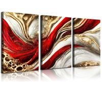 3Pcs Framed Red Gold Canvas Wall Art Abstract Marble Gilt Wall Decor Pictures Modern Red and Gold Paintings Prints Posters for Living Room Bedroom Office Home Decoration, Ready to Hang