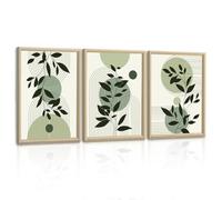 3Pcs Framed Sage Green Canvas Wall Art, Boho Aesthetic Green Leaf Wall Art Modern Round Geometric Line Home Poster Canvas Painting Wall Decor for Bedroom Living Room Office Ready to Hang 30x40cmx3Pcs