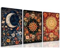 3pcs Framed Sun Moon and Star Celestial Canvas Wall Art Tarot Crescent Moon Picture Wall Decor Gothic Wildflowers Painting Posters Print Artwork Aesthetic Dark Academia Vibe for Bedroom Home Decor
