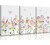 3pcs Framed Watercolors Flower Canvas Wall Art Colorful Nature Floral Wall Decor Pink Yellow Wildflower Poster Prints Pictures Farmhouse Botanical Artwork Ready To Hang for Living Room Bathroom